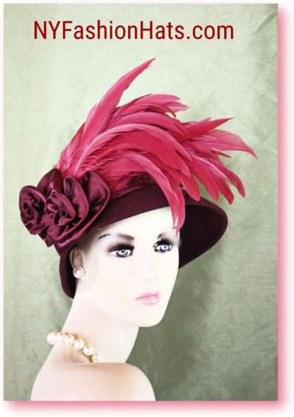 Couture Burgundy Winter Wool Hot Pink Feathered Designer Hat, Church Weddings Formals Melbourne Cup Hats Millinery 8218