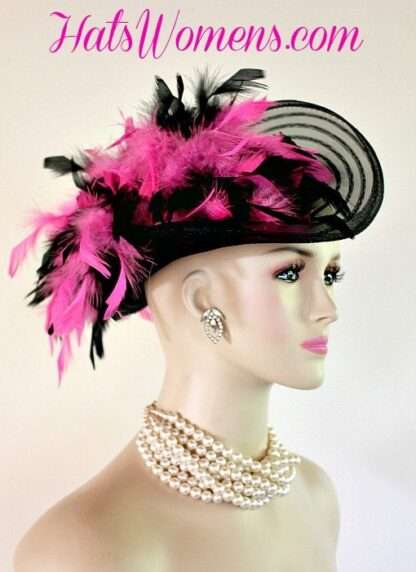 Black Satin Hot Pink Women's Designer Formal Fashion Hat, Victorian Edwardian Riding Hats - Image 4