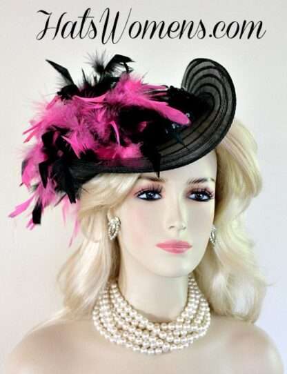 Black Satin Hot Pink Women's Designer Formal Fashion Hat, Victorian Edwardian Riding Hats - Image 2