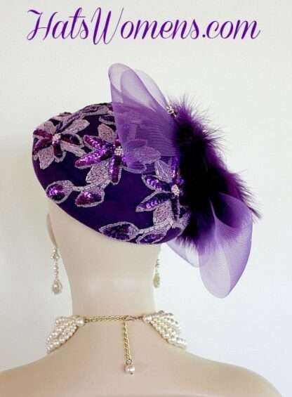 Women's Purple Pillbox Cocktail Hat Beaded Sequin Appliques Feathers, Hats For Church Weddings Dress - Image 2