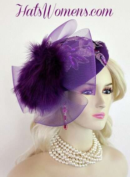 Purple Winter Wool Sequin Pillbox Designer Hat