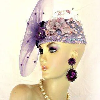 Women's Lavender Grape Purple Satin Sculpture Haute Couture Custom Made Silk Organza Flowered Fashion Church Occasion Cloche Style Pillbox Cocktail Hat Wedding Headpiece.