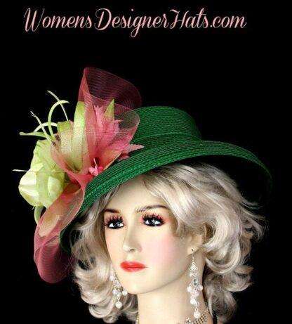 Women's Emerald Lime Green Pink Flower Derby Hat Designer Wedding Church Hats 2k81 - Image 2