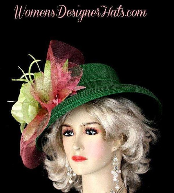 Women's Emerald Lime Green Pink Flower Derby Hat Designer Wedding Church Hats 2k81 - Image 2