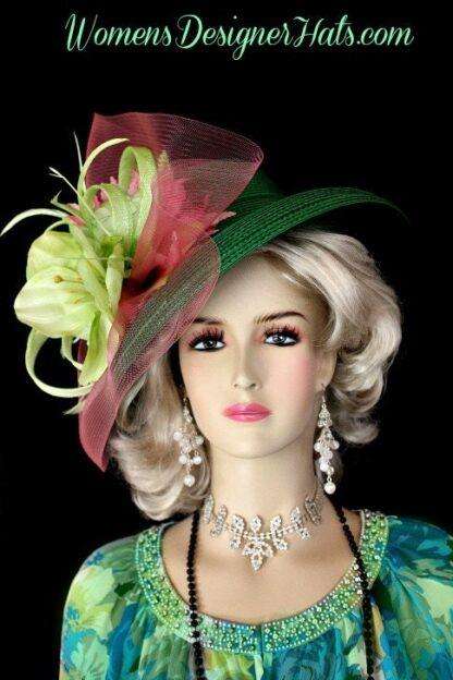 Women's Emerald Lime Green Pink Flower Derby Hat Designer Wedding Church Hats 2k81