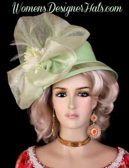 Haute Couture Designer Statement Hat, Lime Green Celery White Kentucky Derby Hat, Hats For Horse Races, NYFashionHats Millinery, Donna Anne - Image 2