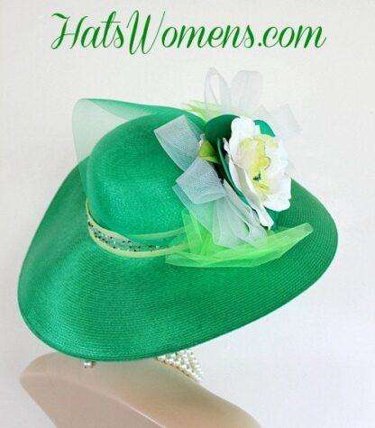 Ladies Kelly Green White Lime Designer Fashion Hat, Wedding Church Hats - Image 2