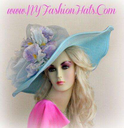 Luxury Statement Haute Couture Designer Hat For Women, Pastel Blue Lavender Wide Brim Hat, Formal Wedding Hat Horse Races, NYFashionHats