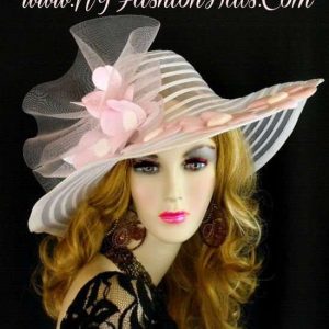 White Wide Brim Hat With Pink Patent Leather Flowers Ladies Hats 2212