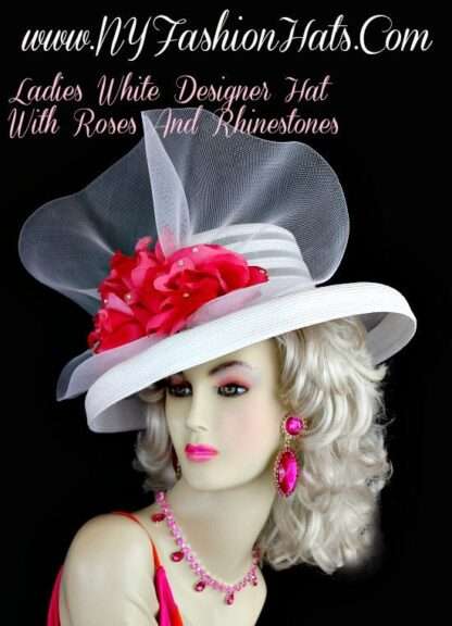 White Designer Formal Hat With Pink Roses Rhinestones, Ny Fashion Hats