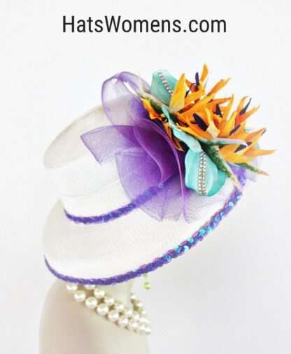 Antique White Ivory Couture Designer Wedding Church Hat, Orange Purple Aqua Flowers 8165 - Image 2