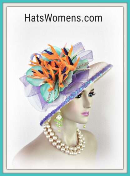 Antique White Ivory Couture Designer Wedding Church Hat, Orange Purple Aqua Flowers 8165