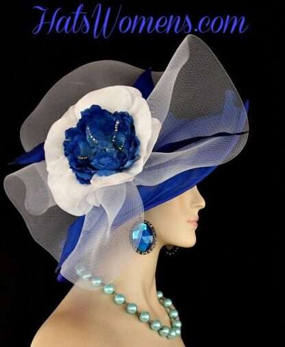 Royal Blue White Wide Brim Designer Formal Special Occasion Wedding Hat, Fashion Hats Woman - Image 3