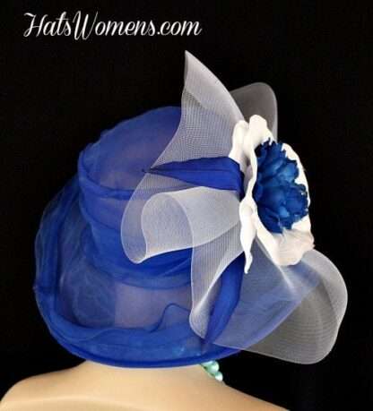 Royal Blue White Wide Brim Designer Formal Special Occasion Wedding Hat, Fashion Hats Woman - Image 2