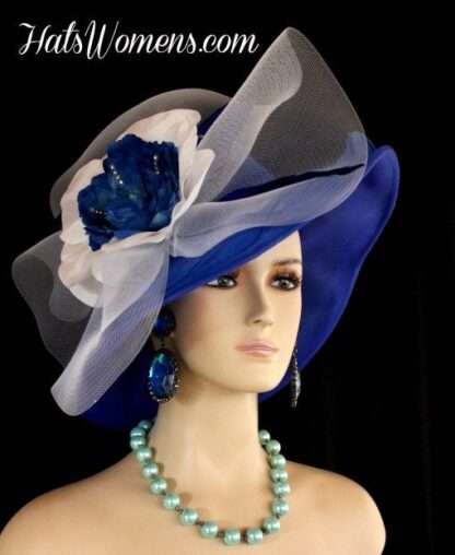 Royal Blue White Wide Brim Designer Formal Special Occasion Wedding Hat, Fashion Hats Woman