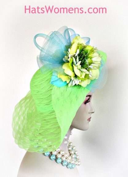 Couture Women's Hat Lime Green Yellow Aqua Blue For Wedding Church Dress Royal Ascot, Melbourne Cup Hats, Kentucky Derby Hats Fl2 - Image 2