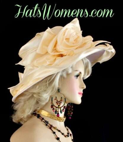 Women's Soft Ivory Beige Large Brim Satin Wedding Hat, Hats For Mother Of The Bride, Formal Church Hat, NYFashionHats Millinery, Bethany