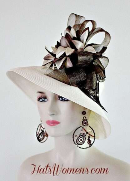 Ivory Beige Brown Formal Lampshade Wide Brim Special Occasion Wedding Hat, Races Bridal Dress Hats - Image 3