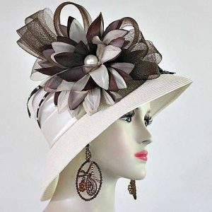 Ivory Beige Brown Formal Lampshade Wide Brim Special Occasion Wedding Hat, Races Bridal Dress Hats