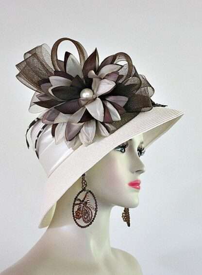 Ivory Beige Brown Formal Lampshade Wide Brim Special Occasion Wedding Hat, Races Bridal Dress Hats