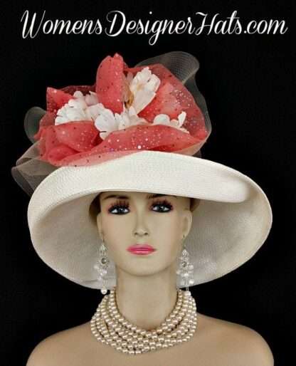 Ladies Wide Brim Ivory Coral Designer Kentucky Derby Hat Flowers Af32 - Image 3