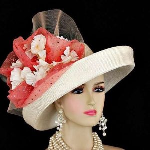 Ladies Wide Brim Ivory Coral Designer Kentucky Derby Hat Flowers Af32