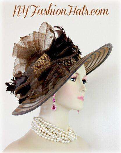 Women's Brown Gold Designer Church Wedding Dress Hat Ny Fashion Hats K82