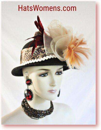 Brown Winter Wool Designer Fashion Hat Copper Beige Ivory Feathers, Snake Print Custom Hats Millinery 8213 - Image 2