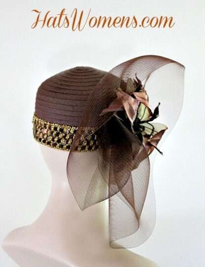 Brown Satin Cloche Flapper Metallic Gold Pillbox Cocktail Hat, Women's Couture Designer Hats, NYFashionHats Millinery, Sabbath Church Dress