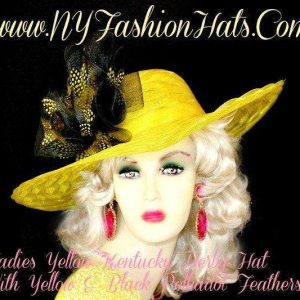 Women's Women's Yellow Black Polka Dot Feathers Wide Brim Fashion Dress Derby Hat, Church Hats