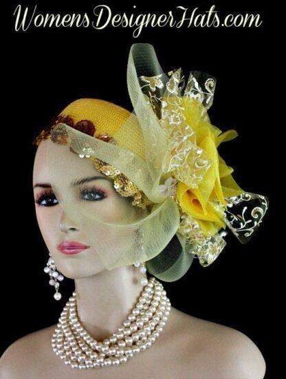 Yellow White Metallic Gold Couture Designer Pillbox Wedding Bridal Hat Cocktail Hat Headpiece - Image 2