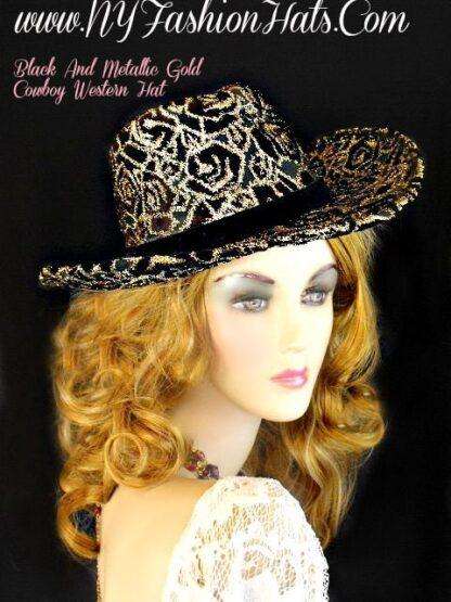 Ladies Black And Metallic Gold Designer Western Cowboy Hat Dress Hats - Image 2