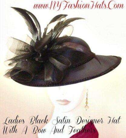 Women's Black Formal Designer Satin Dress Church Hat, Funerals Weddings Holidays 33wq