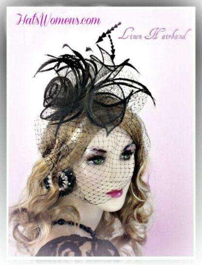 Black Straw Veil Satin Feathered Hairband Wedding Hat Headpiece Cocktail Hats