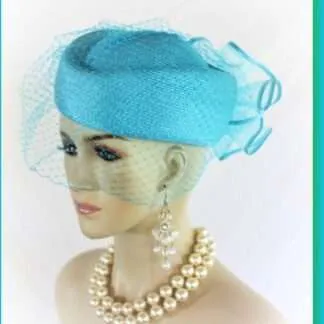 Women's Turquoise Blue Pillbox Formal Wedding Hat With A Birdcage Veil, Couture Dress Church Vintage Style Millinery 48hd