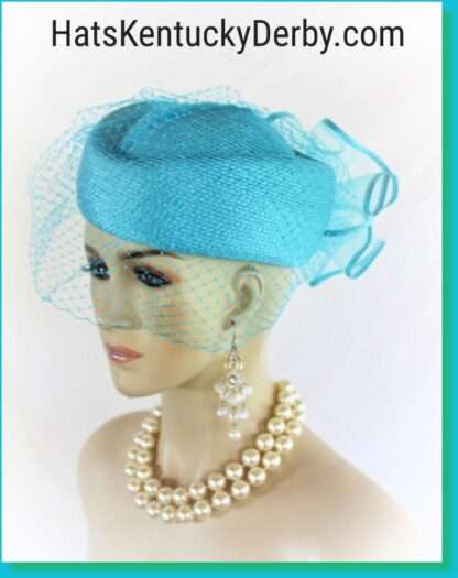 Women's Turquoise Blue Pillbox Formal Wedding Hat With A Birdcage Veil, Couture Dress Church Vintage Style Millinery 48hd