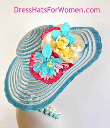 Kentucky Derby Hats For Women, Turquoise Blue White Yellow Pink Designer Statement Wedding Church Hat 30h - Image 2