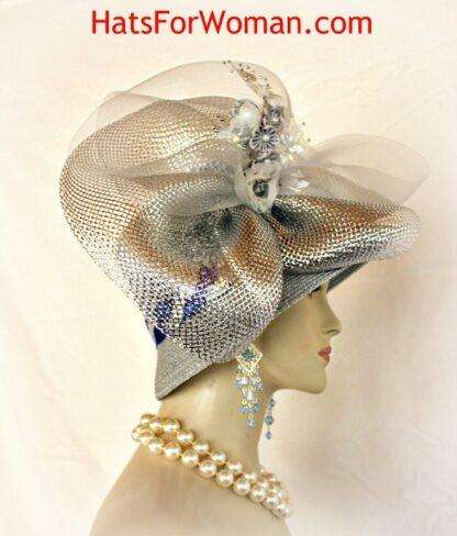 Couture Women’s Wedding Hat Headpiece Grey Metallic Silver Royal Blue, Hats For Church Dress Formals Kt4