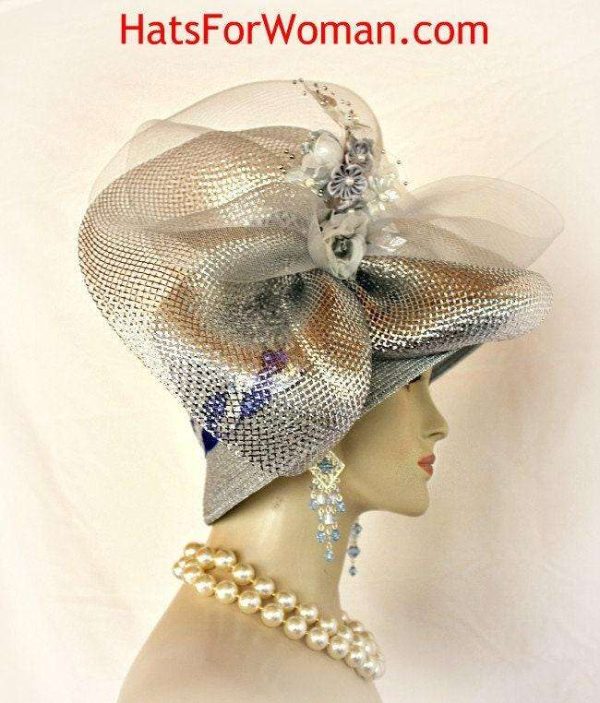 Couture Women’s Wedding Hat Headpiece Grey Metallic Silver Royal Blue, Hats For Church Dress Formals Kt4