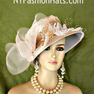 Motf Premium Collection Women's Champagne Beige Satin Hat, Temple Church Wedding Hat, Kentucky Derby NY Fashion Hats Couture Millinery Edna