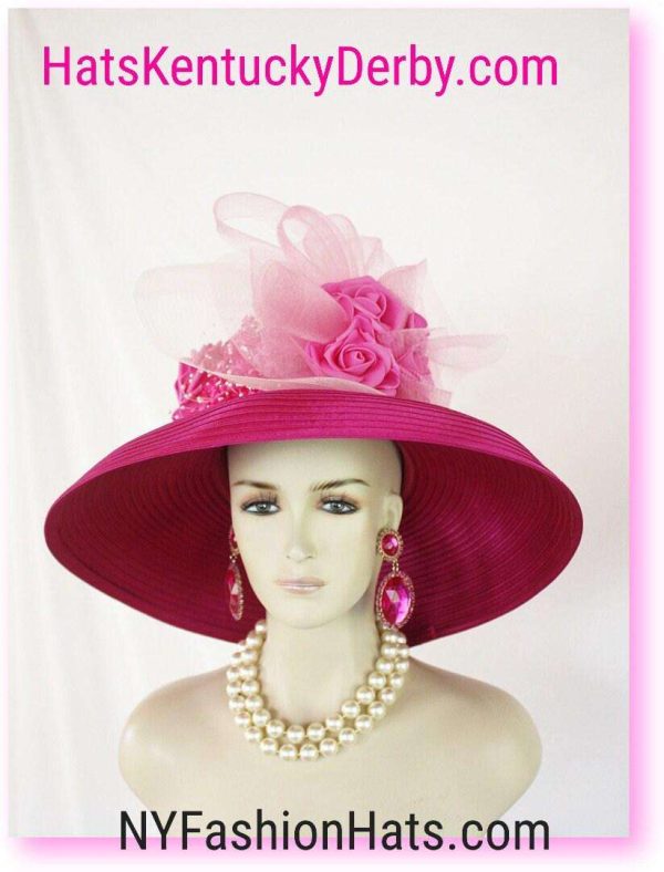 Haute Couture Fuchsia Pink Big Brim Satin Designer Hat, Kentucky Derby Hats, Wedding Church Fashion Hat, NYFashionHats, Horse Races Hats - Image 3