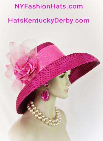 Haute Couture Fuchsia Pink Big Brim Satin Designer Hat, Kentucky Derby Hats, Wedding Church Fashion Hat, NYFashionHats, Horse Races Hats