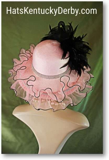 Couture Kentucky Derby Statement Hat, Pink Black Ruffled Edge Feathered Wedding Church Dress Headpiece, Hats Millinery For Horse Races Jenna - Image 4