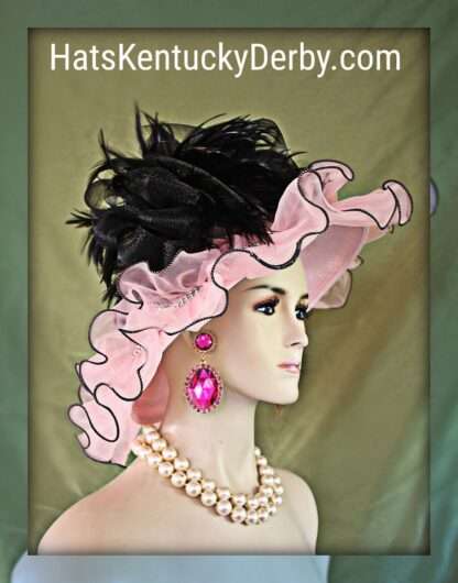 Couture Kentucky Derby Statement Hat, Pink Black Ruffled Edge Feathered Wedding Church Dress Headpiece, Hats Millinery For Horse Races Jenna - Image 2