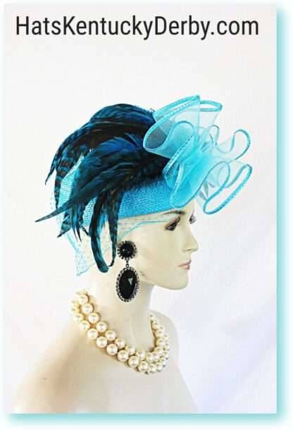 Kentucky Derby Hat, Turquoise Blue Dramatic Feather Pillbox Hat, Hats For Horse Races, Moft Premium Cocktail Hat Collection, NYFashionHats - Image 3