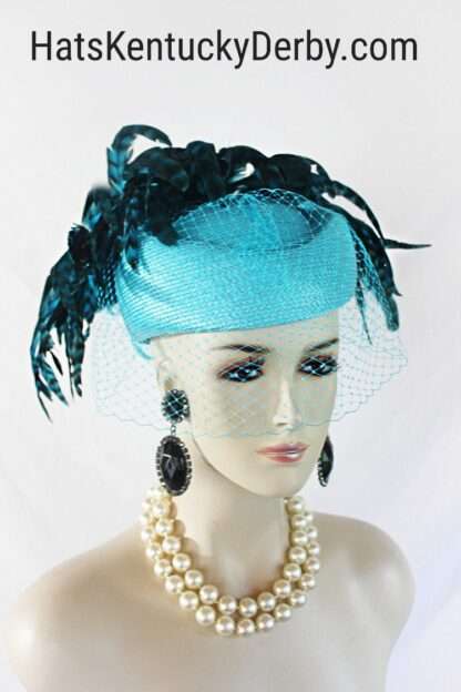 Kentucky Derby Hat, Turquoise Blue Dramatic Feather Pillbox Hat, Hats For Horse Races, Moft Premium Cocktail Hat Collection, NYFashionHats