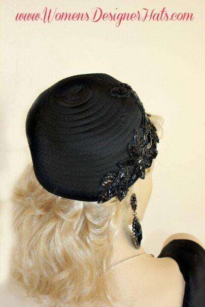 Black Satin Designer Cloche 1920s Sequin Beaded Rhinestone Flapper Hat Cocktail Pillbox Hats For Women U771 - Image 2