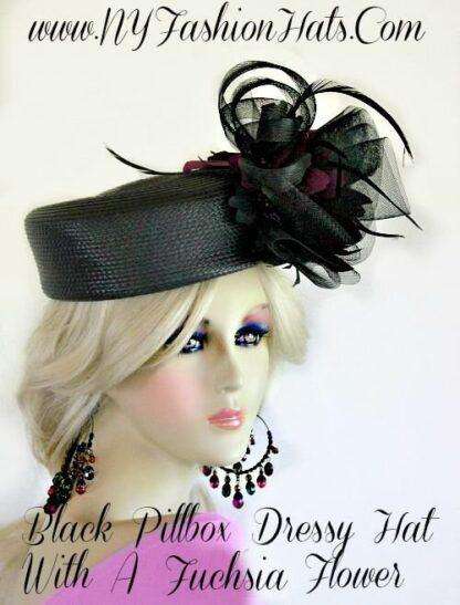 Ladies Black Dressy Designer Pillbox Hat With Fuchsia Flowers Hats - Image 2