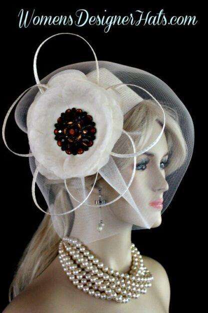 Ladies Ivory Pillbox Cocktail Hat Wedding Bridal Designer Formal Couture Church Hats