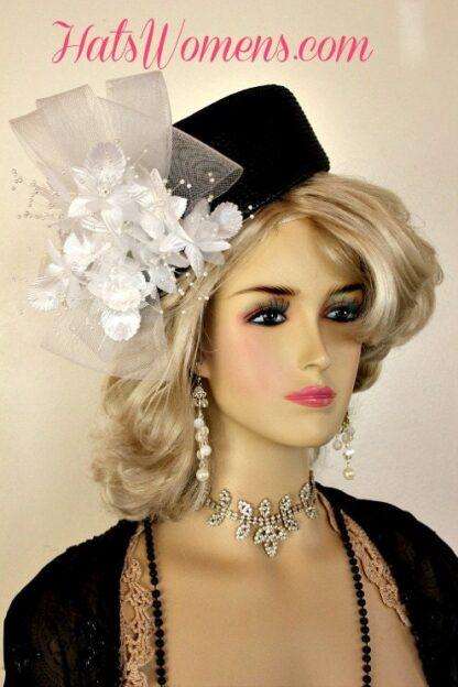 Black Pillbox Formal Special Occasion Hat With White Flowers, Hats